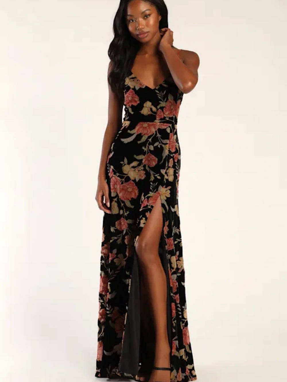 Floral Velvet LuLus V-Neck Black Maxi Dress with Side Slit NWTs